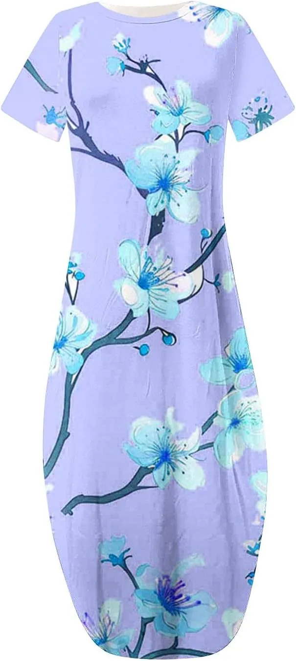Maxi Dresses for Women 2025 Short Sleeve Casual Boho Floral T-Shirt Dress Flowy Beach Sundress with Pockets