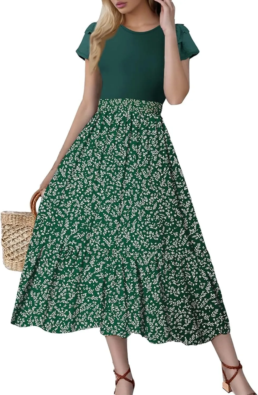 Maxi Dresses for Women 2025 Summer Casual Trendy Short Sleeve Crew Neck Floral Print Flowy Boho Dress, S-2XL