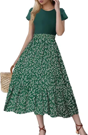 Maxi Dresses for Women 2025 Summer Casual Trendy Short Sleeve Crew Neck Floral Print Flowy Boho Dress, S-2XL