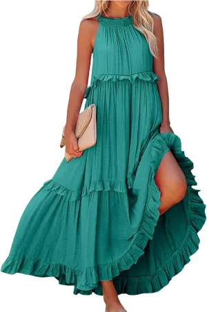 Maxi Dresses for Women 2025 Summer Sleeveless Halter Long Dress Loose Tiered Flowy Swing Smocked Ruffle Beach Dress