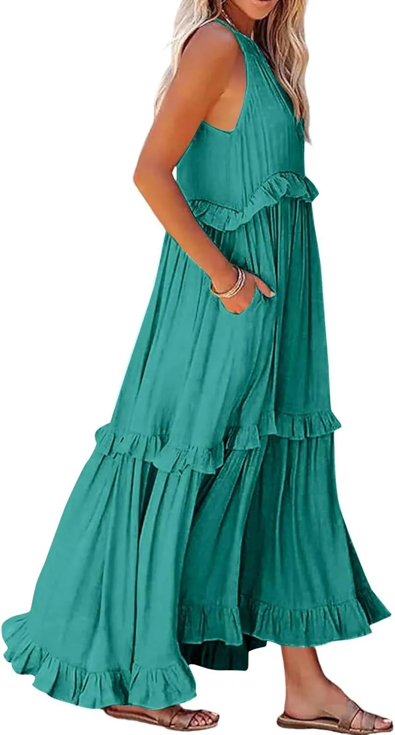 Maxi Dresses for Women 2025 Summer Sleeveless Halter Long Dress Loose Tiered Flowy Swing Smocked Ruffle Beach Dress