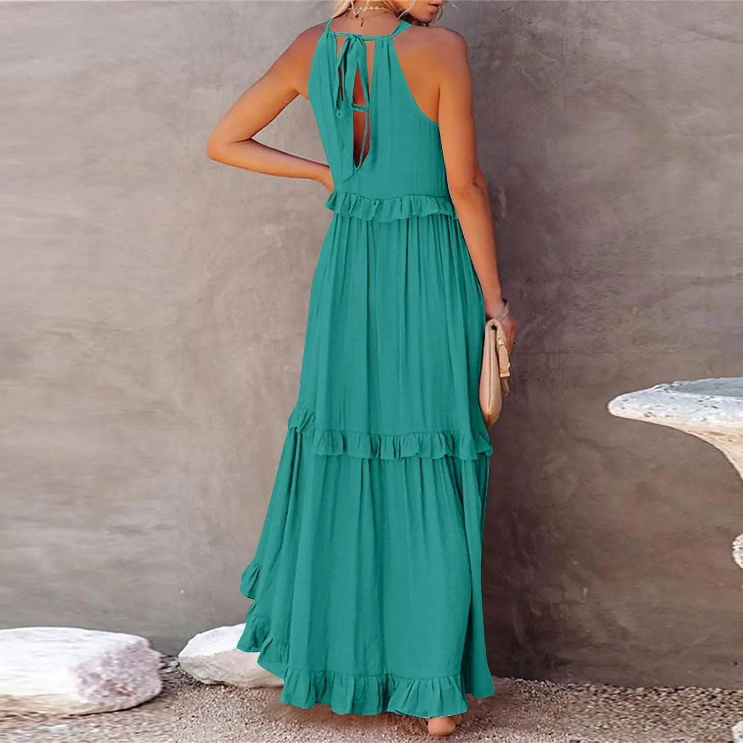 Maxi Dresses for Women 2025 Summer Sleeveless Halter Long Dress Loose Tiered Flowy Swing Smocked Ruffle Beach Dress