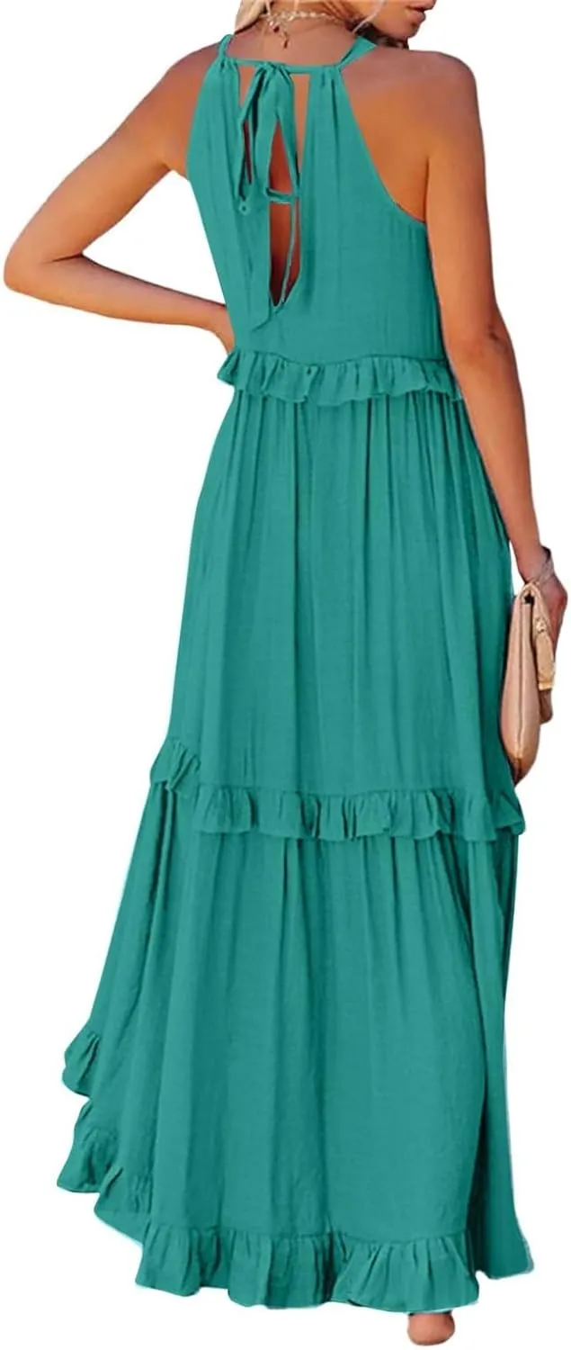 Maxi Dresses for Women 2025 Summer Sleeveless Halter Long Dress Loose Tiered Flowy Swing Smocked Ruffle Beach Dress