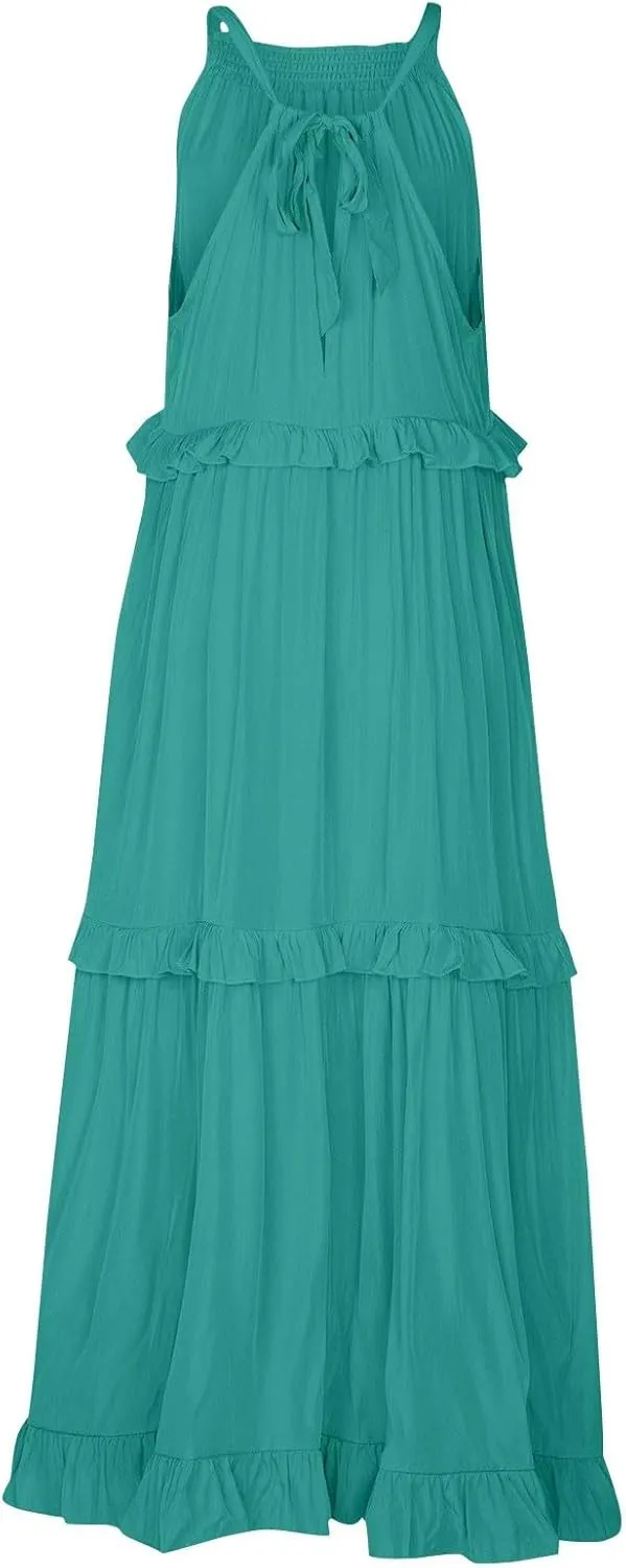 Maxi Dresses for Women 2025 Summer Sleeveless Halter Long Dress Loose Tiered Flowy Swing Smocked Ruffle Beach Dress