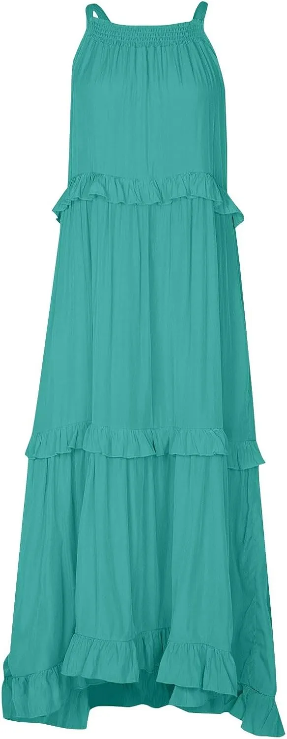 Maxi Dresses for Women 2025 Summer Sleeveless Halter Long Dress Loose Tiered Flowy Swing Smocked Ruffle Beach Dress