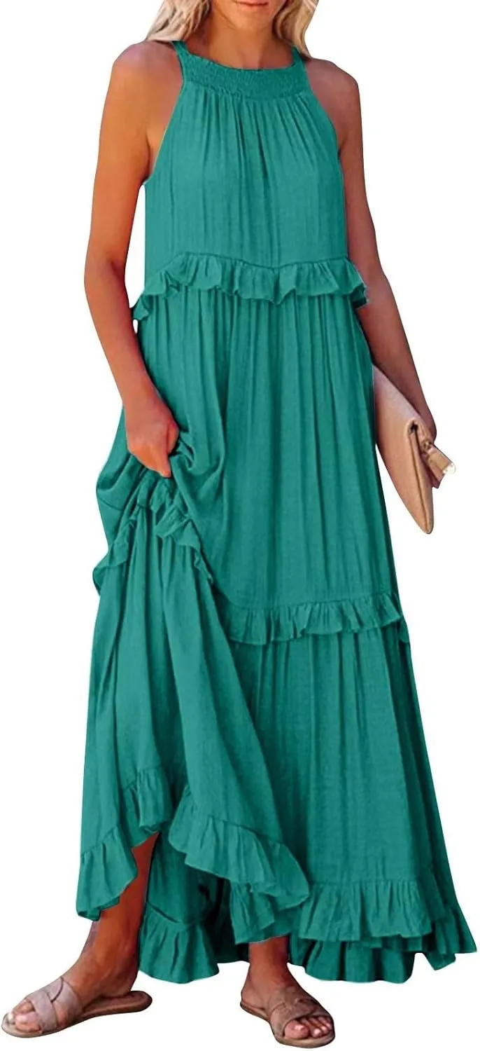 Maxi Dresses for Women 2025 Summer Sleeveless Halter Long Dress Loose Tiered Flowy Swing Smocked Ruffle Beach Dress