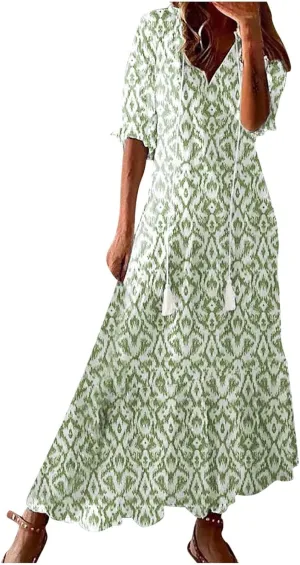 Maxi Dresses for Women 2025 V Neck Vintage Floral Dress Drawstring V Neck Spring Summer Dresses Beach Sundress