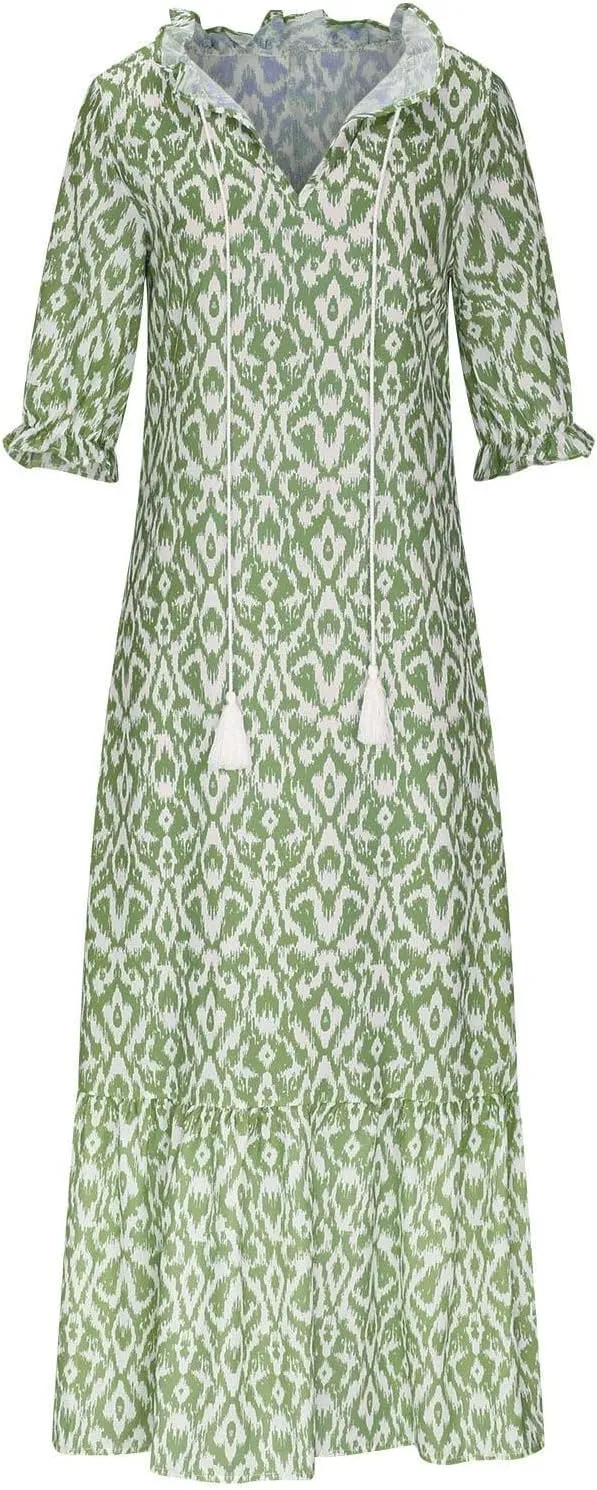 Maxi Dresses for Women 2025 V Neck Vintage Floral Dress Drawstring V Neck Spring Summer Dresses Beach Sundress