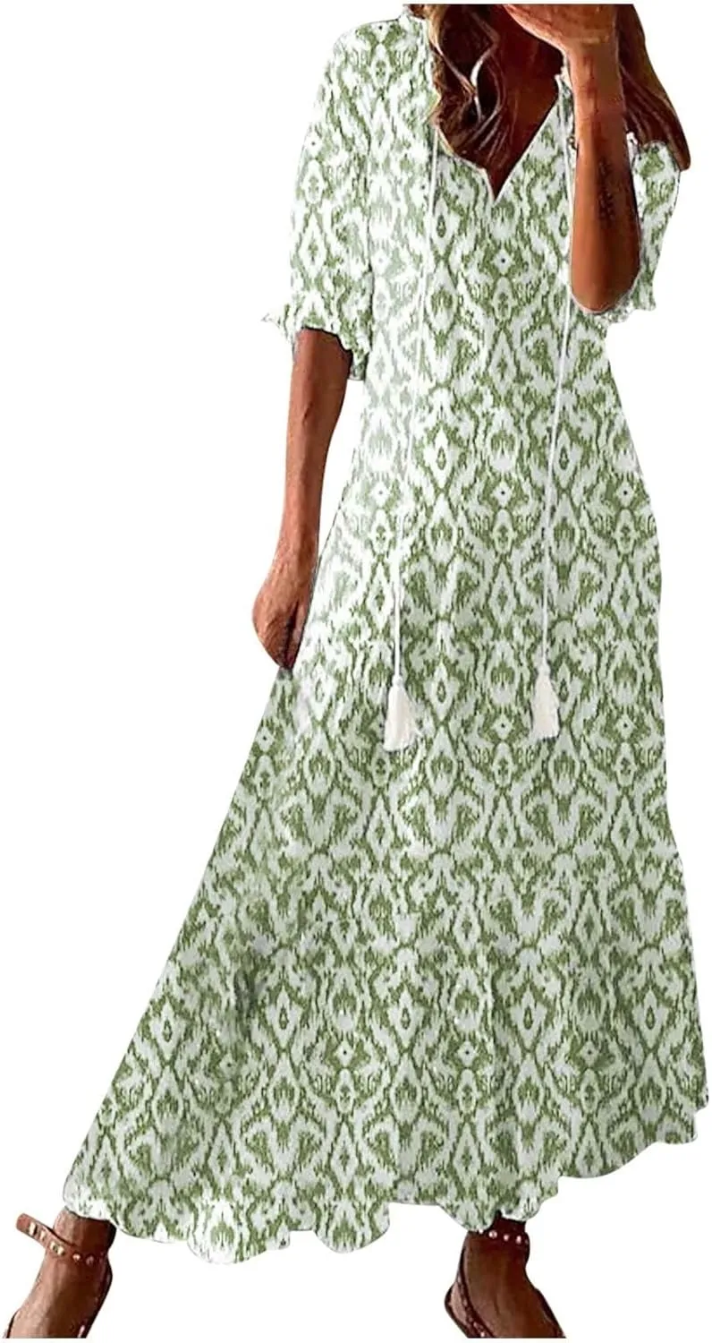 Maxi Dresses for Women 2025 V Neck Vintage Floral Dress Drawstring V Neck Spring Summer Dresses Beach Sundress