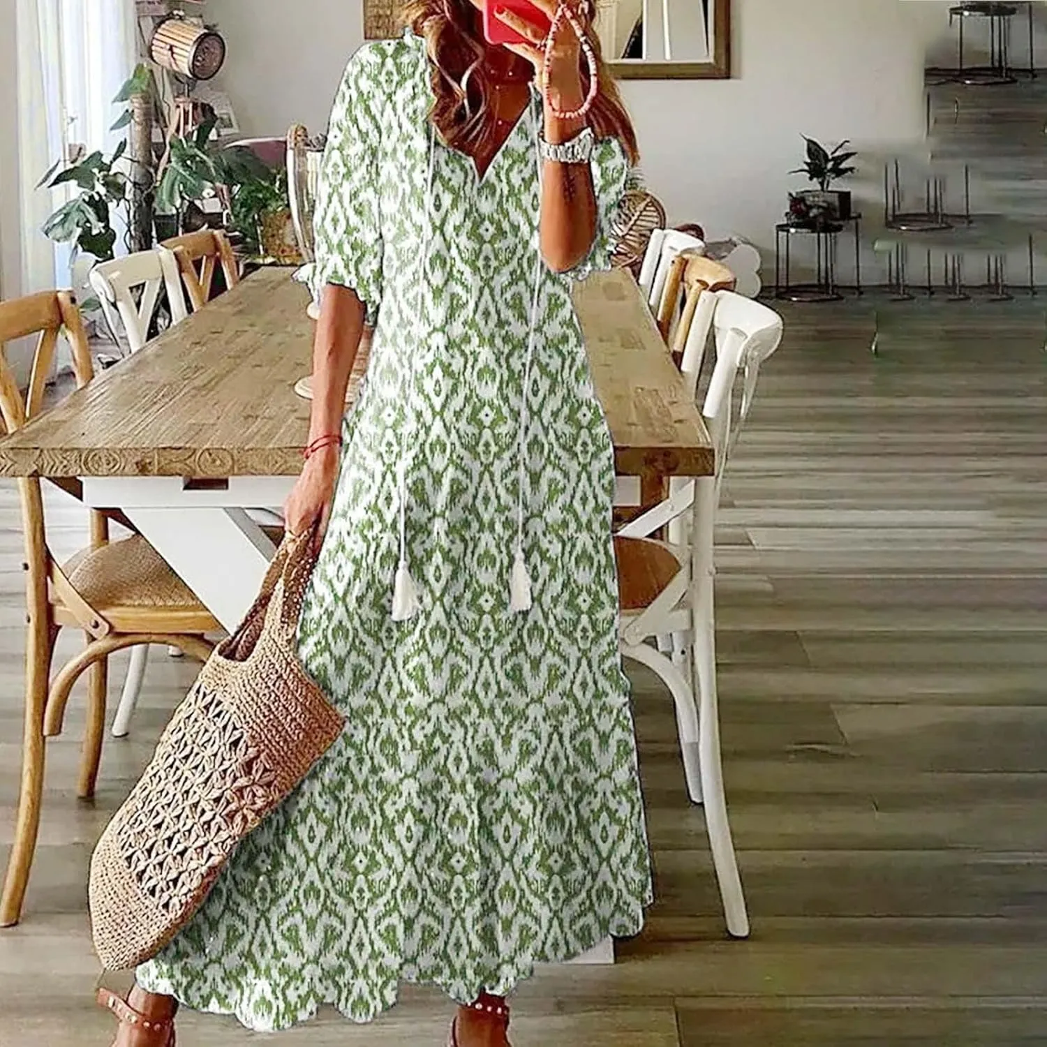 Maxi Dresses for Women 2025 V Neck Vintage Floral Dress Drawstring V Neck Spring Summer Dresses Beach Sundress
