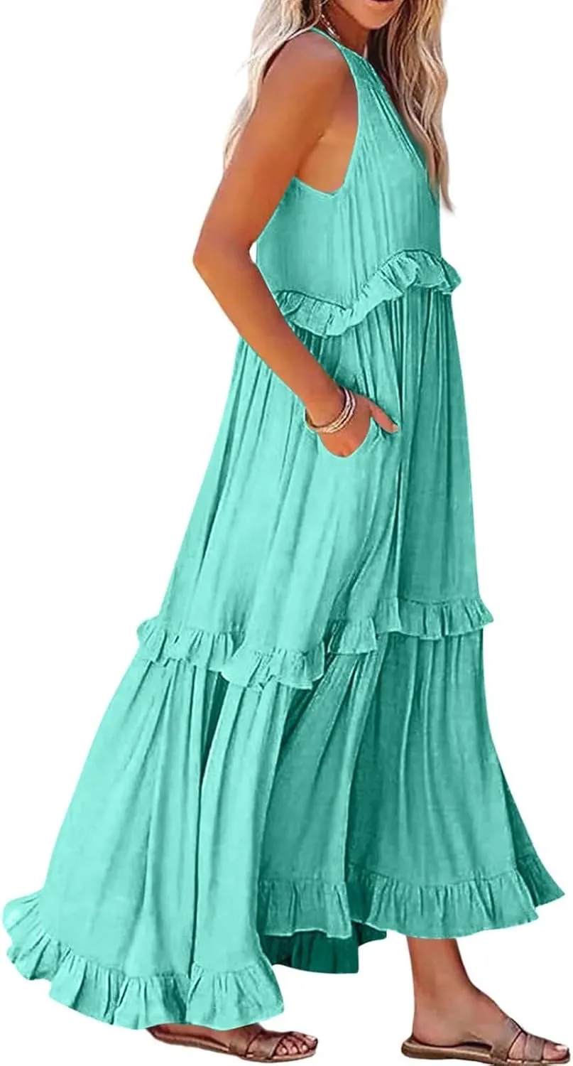Maxi Dresses for Women 2025 Vacation Halter Neck Tie Sleeveless Tiered Ruffle Dress Babydoll Loose Swing Beach Sundress