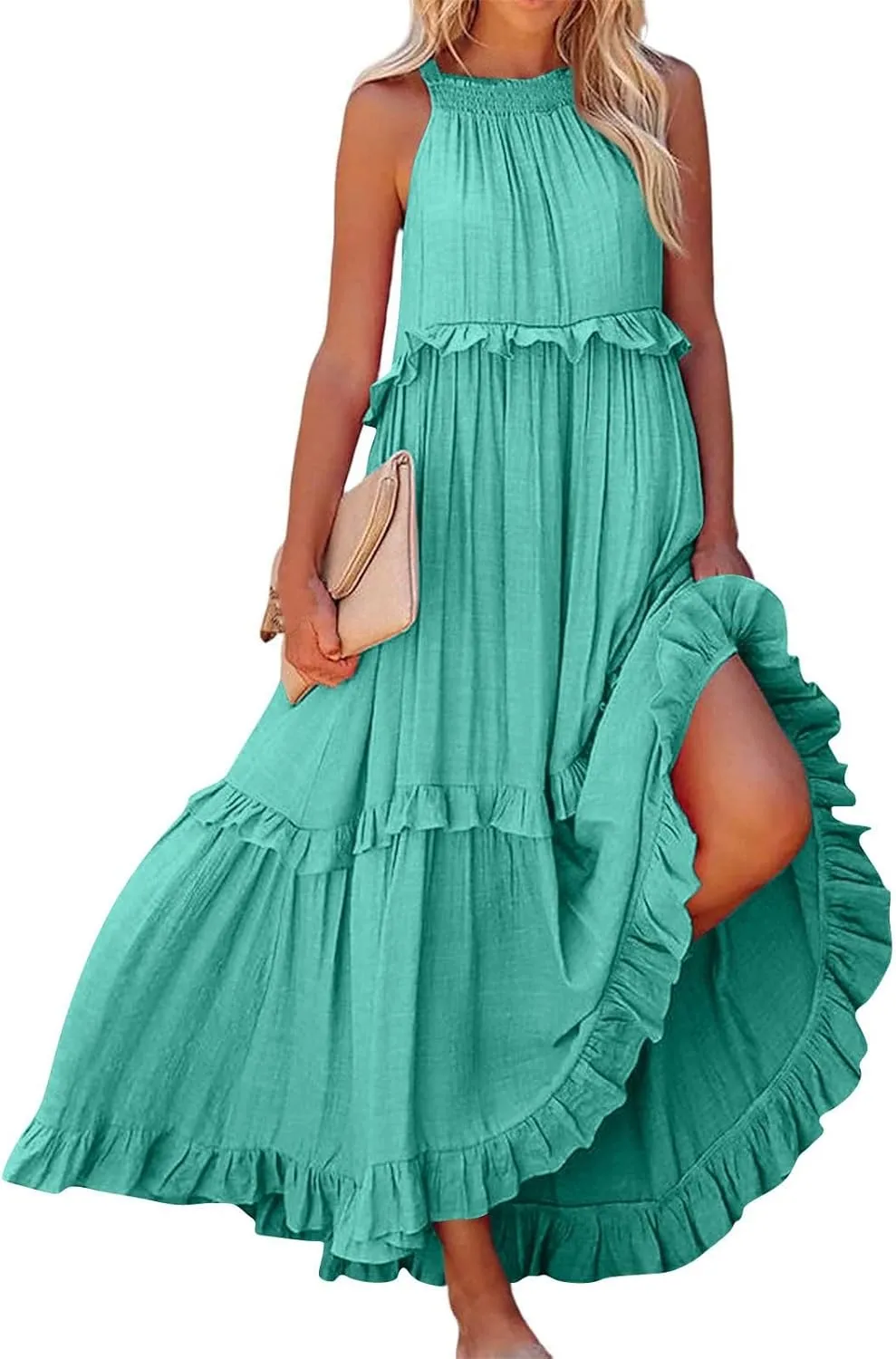Maxi Dresses for Women 2025 Vacation Halter Neck Tie Sleeveless Tiered Ruffle Dress Babydoll Loose Swing Beach Sundress