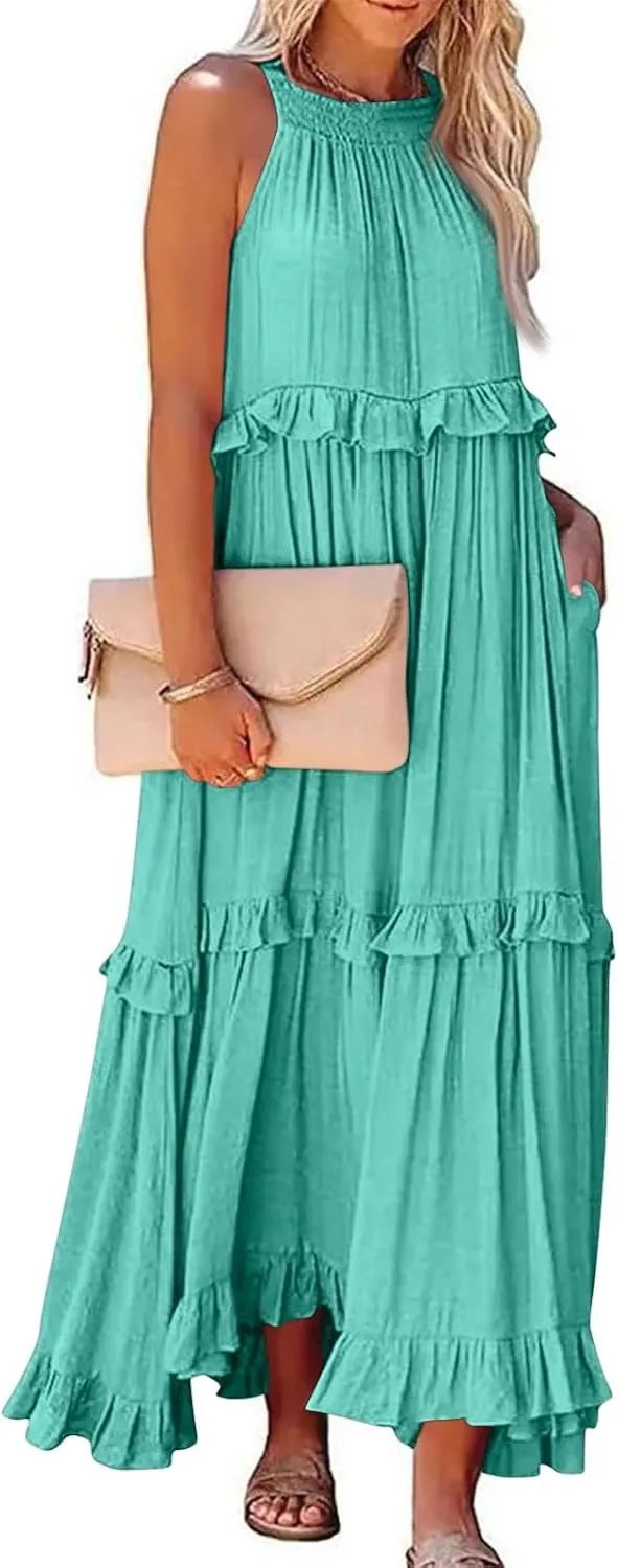 Maxi Dresses for Women 2025 Vacation Halter Neck Tie Sleeveless Tiered Ruffle Dress Babydoll Loose Swing Beach Sundress