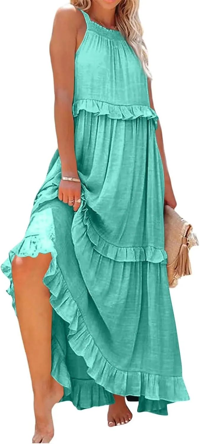 Maxi Dresses for Women 2025 Vacation Halter Neck Tie Sleeveless Tiered Ruffle Dress Babydoll Loose Swing Beach Sundress