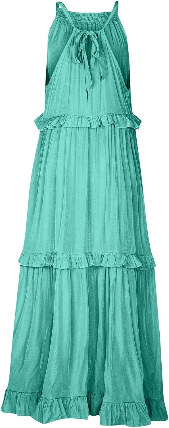Maxi Dresses for Women 2025 Vacation Halter Neck Tie Sleeveless Tiered Ruffle Dress Babydoll Loose Swing Beach Sundress