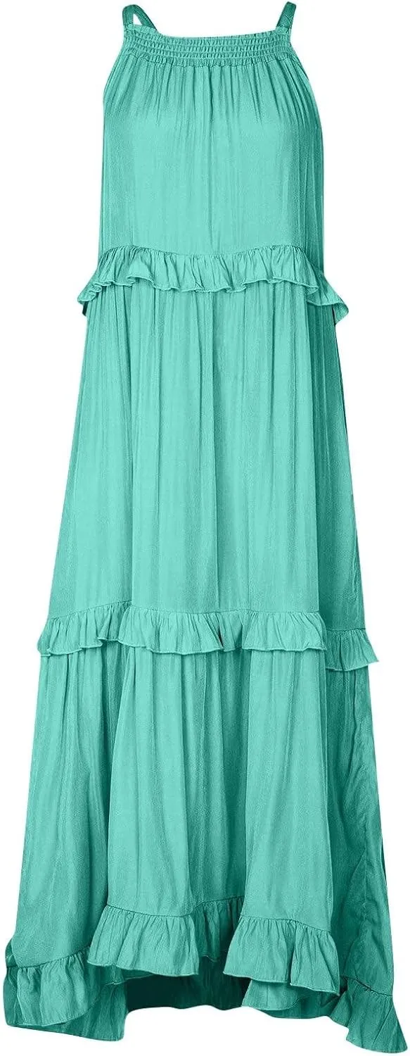 Maxi Dresses for Women 2025 Vacation Halter Neck Tie Sleeveless Tiered Ruffle Dress Babydoll Loose Swing Beach Sundress
