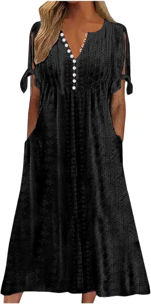 Maxi Dresses for Womens Wedding Guest Dress Trendy Plus Size Hollow Out Eyelet Lace Summer V Neck Cold Shoulder Dress