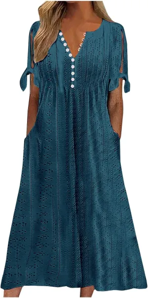 Maxi Long Dresses for Women 2025 Trendy Short Sleeve Eyelet Tshirt Dress Casual Summer Beach Vacation Sundress