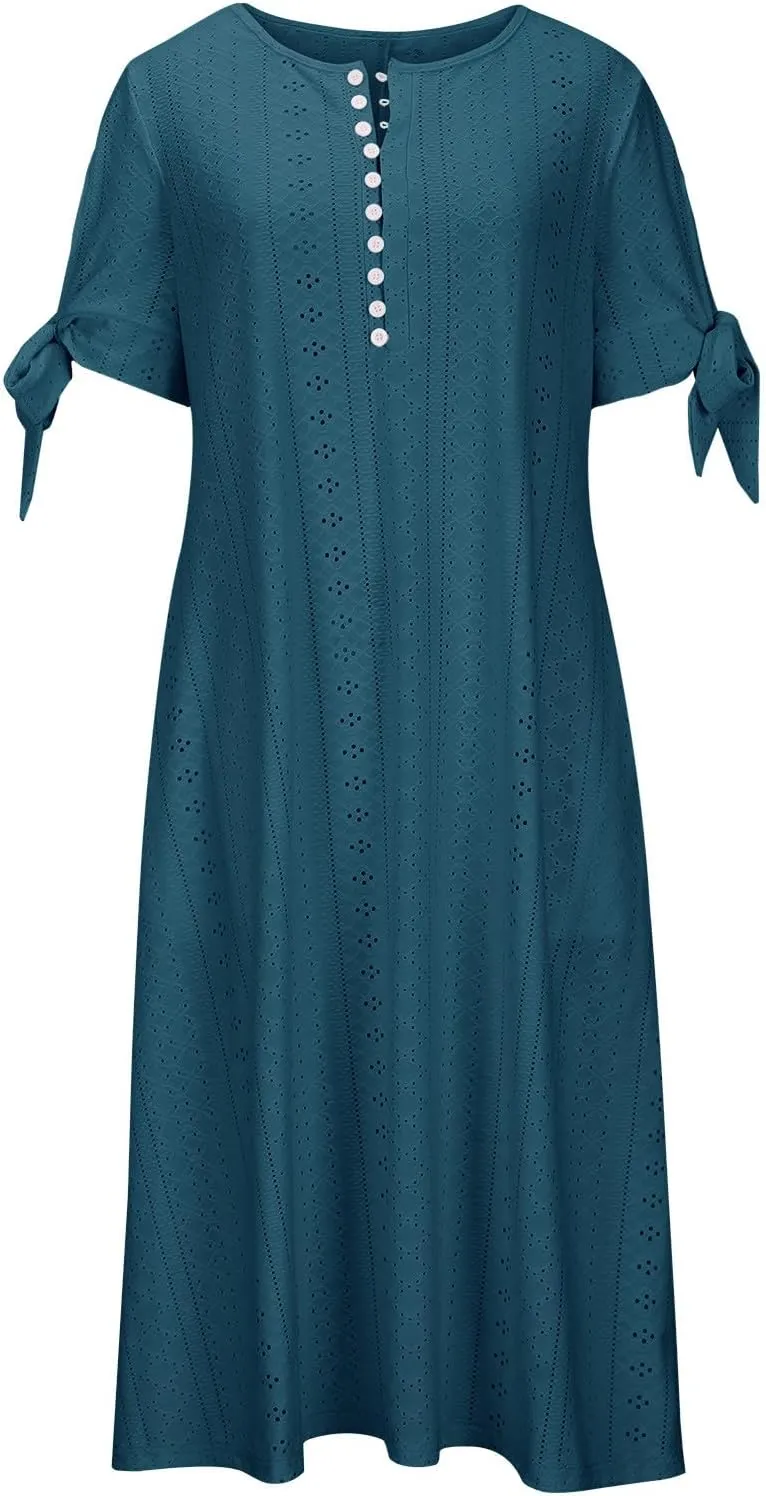 Maxi Long Dresses for Women 2025 Trendy Short Sleeve Eyelet Tshirt Dress Casual Summer Beach Vacation Sundress