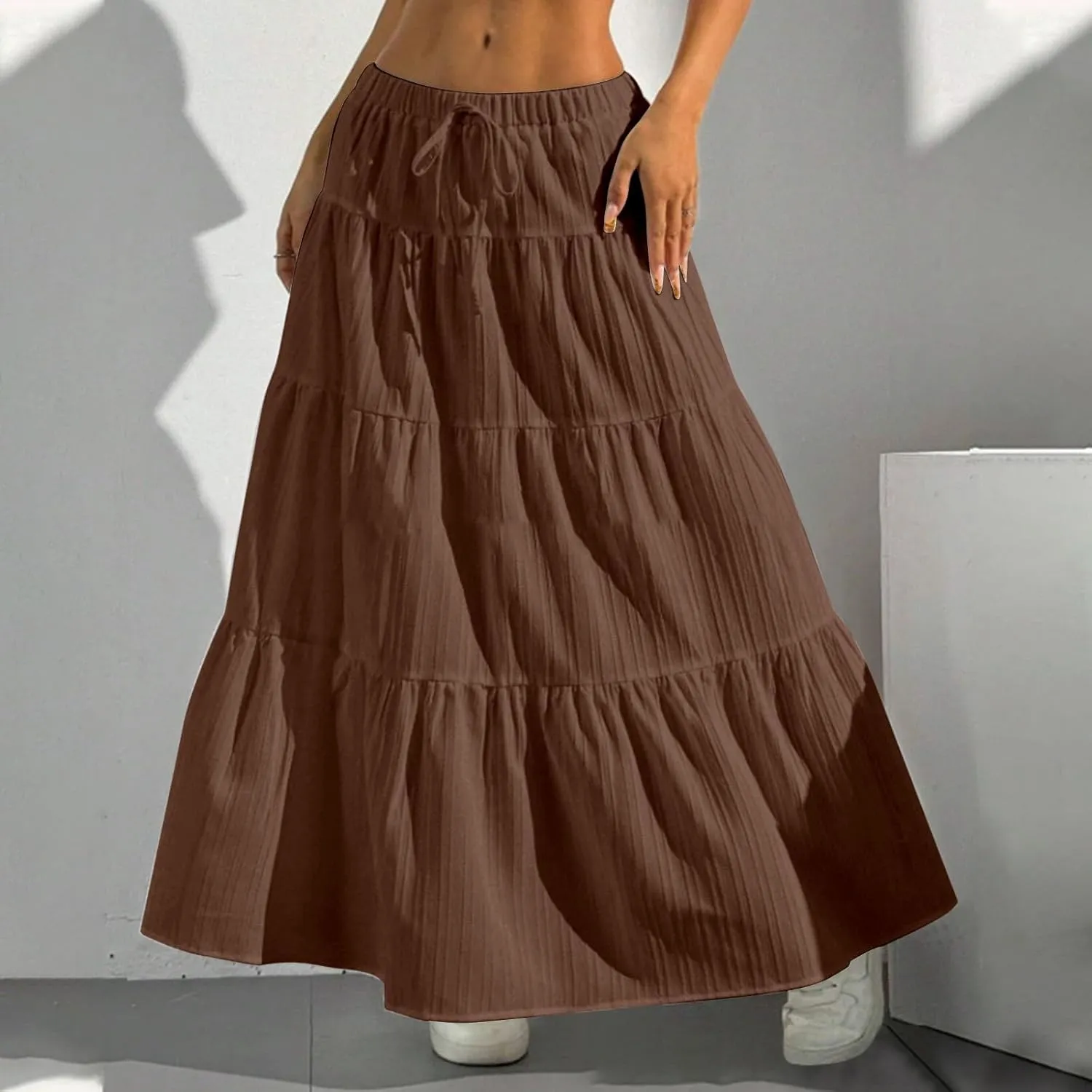 Maxi Skirt for Women 2025 Casual Summer Bohemian Flowy Swing Tiered A-Line Elastic Tie Waist Pleated Long Skirts