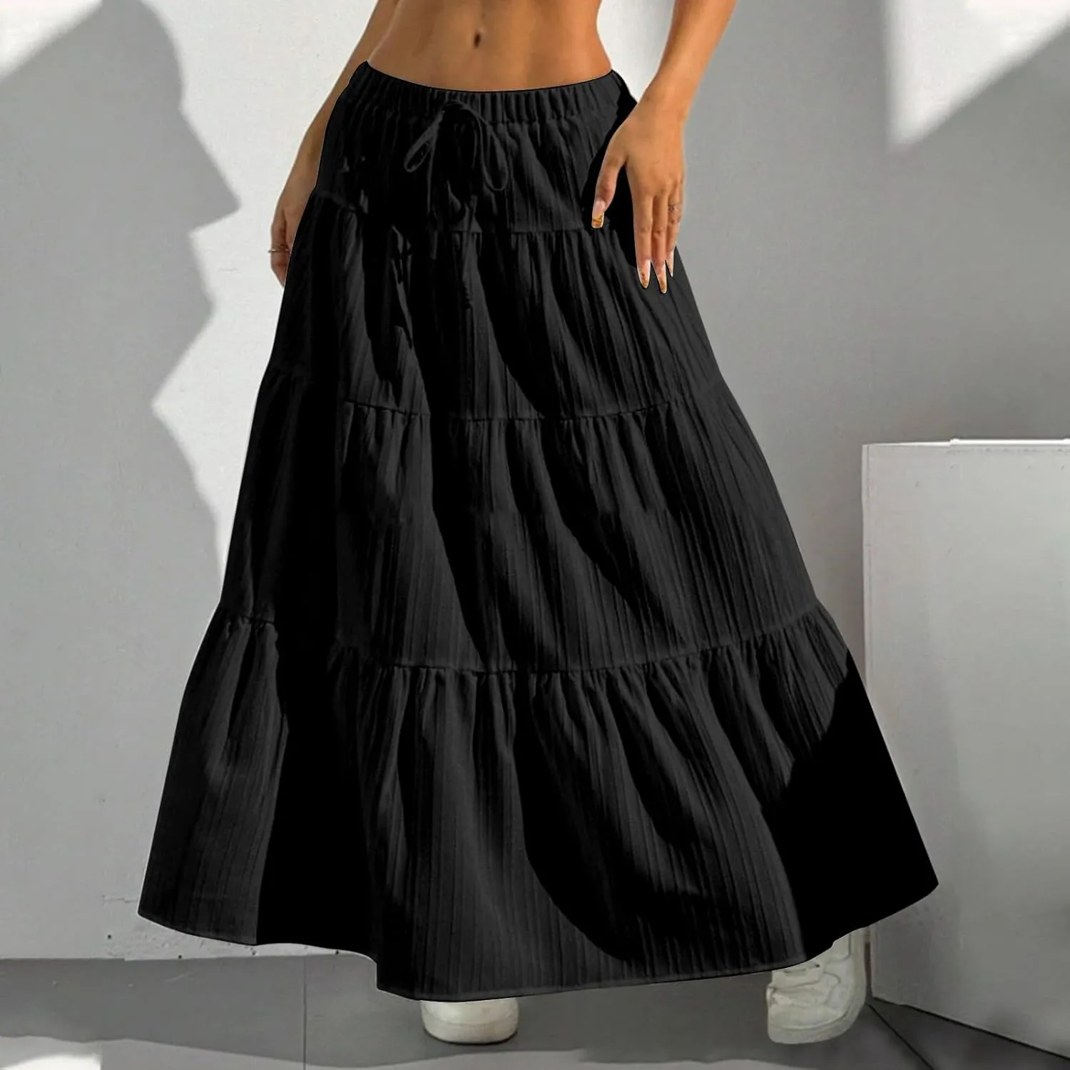 Maxi Skirt for Women 2025 Casual Summer Bohemian Flowy Swing Tiered A-Line Elastic Tie Waist Pleated Long Skirts