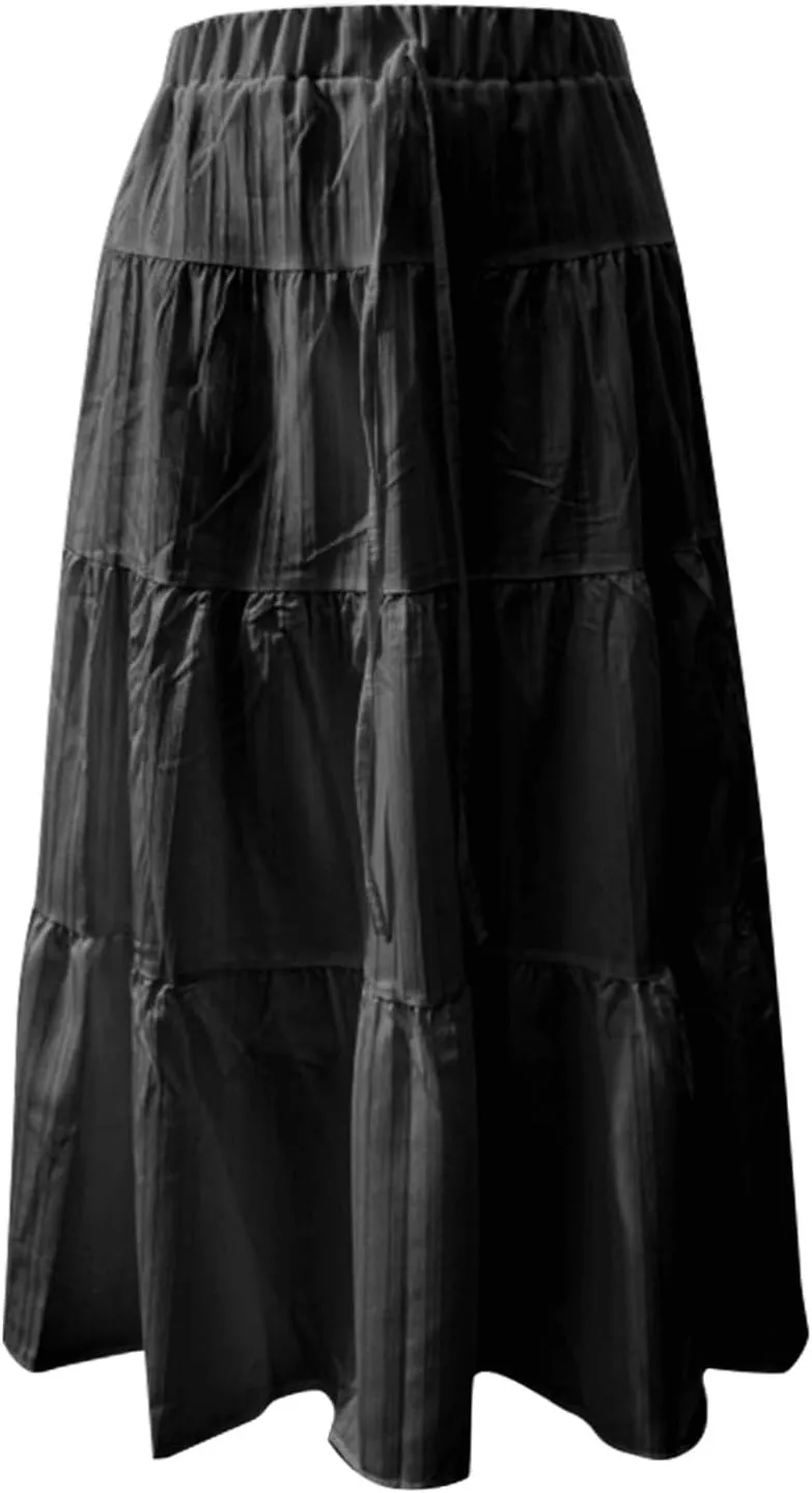 Maxi Skirt for Women 2025 Casual Summer Bohemian Flowy Swing Tiered A-Line Elastic Tie Waist Pleated Long Skirts