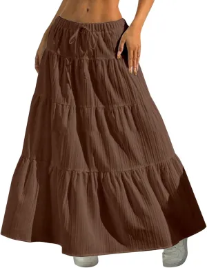 Maxi Skirt for Women 2025 Casual Summer Bohemian Flowy Swing Tiered A-Line Elastic Tie Waist Pleated Long Skirts