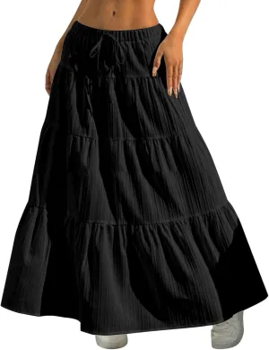Maxi Skirt for Women 2025 Casual Summer Bohemian Flowy Swing Tiered A-Line Elastic Tie Waist Pleated Long Skirts