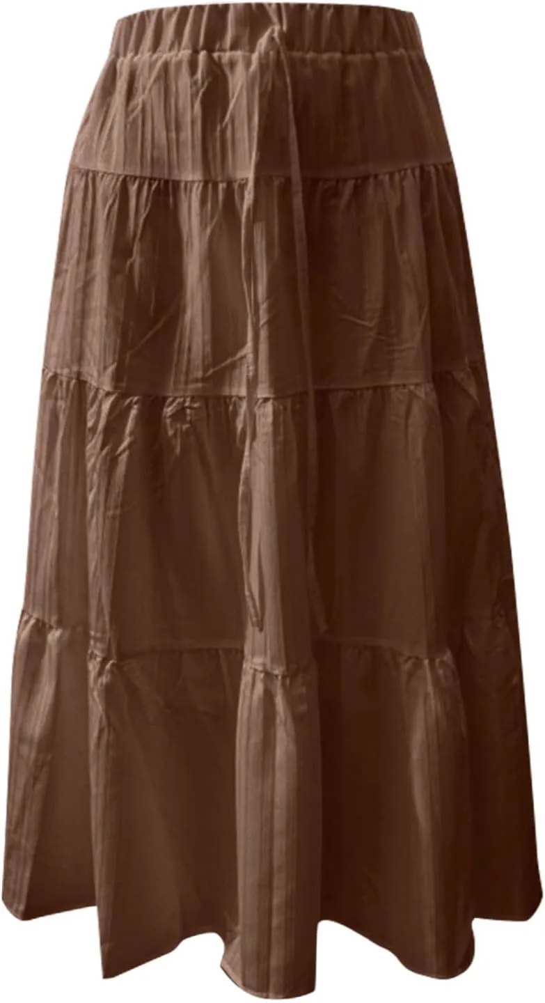 Maxi Skirt for Women 2025 Casual Summer Bohemian Flowy Swing Tiered A-Line Elastic Tie Waist Pleated Long Skirts