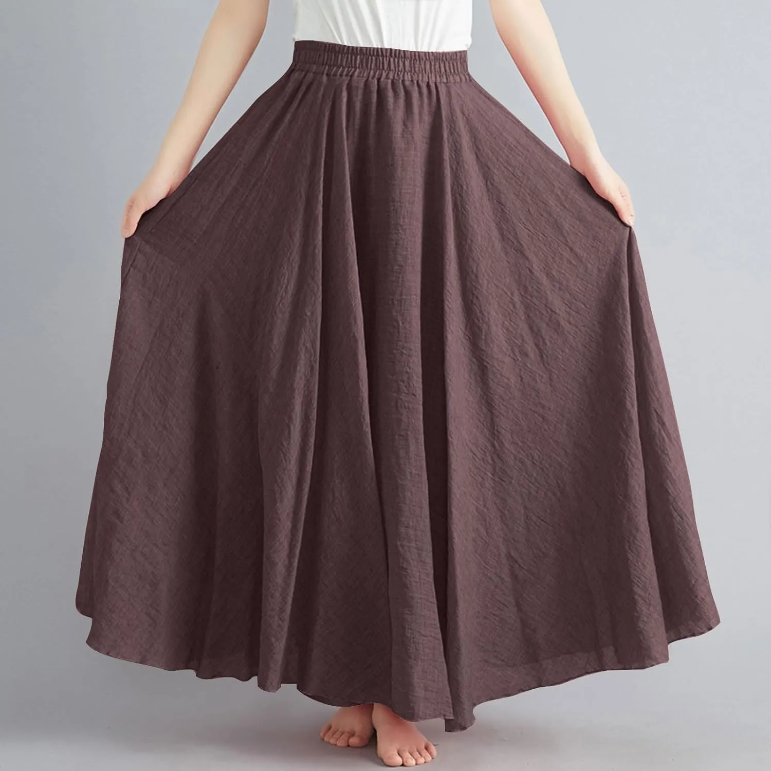 Maxi Skirts for Women 2024 Fashion Solid Ruffle Linen Skirt Summer Stretchy High Waist A-Line Skirt Casual Long Skirt