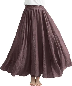 Maxi Skirts for Women 2024 Fashion Solid Ruffle Linen Skirt Summer Stretchy High Waist A-Line Skirt Casual Long Skirt