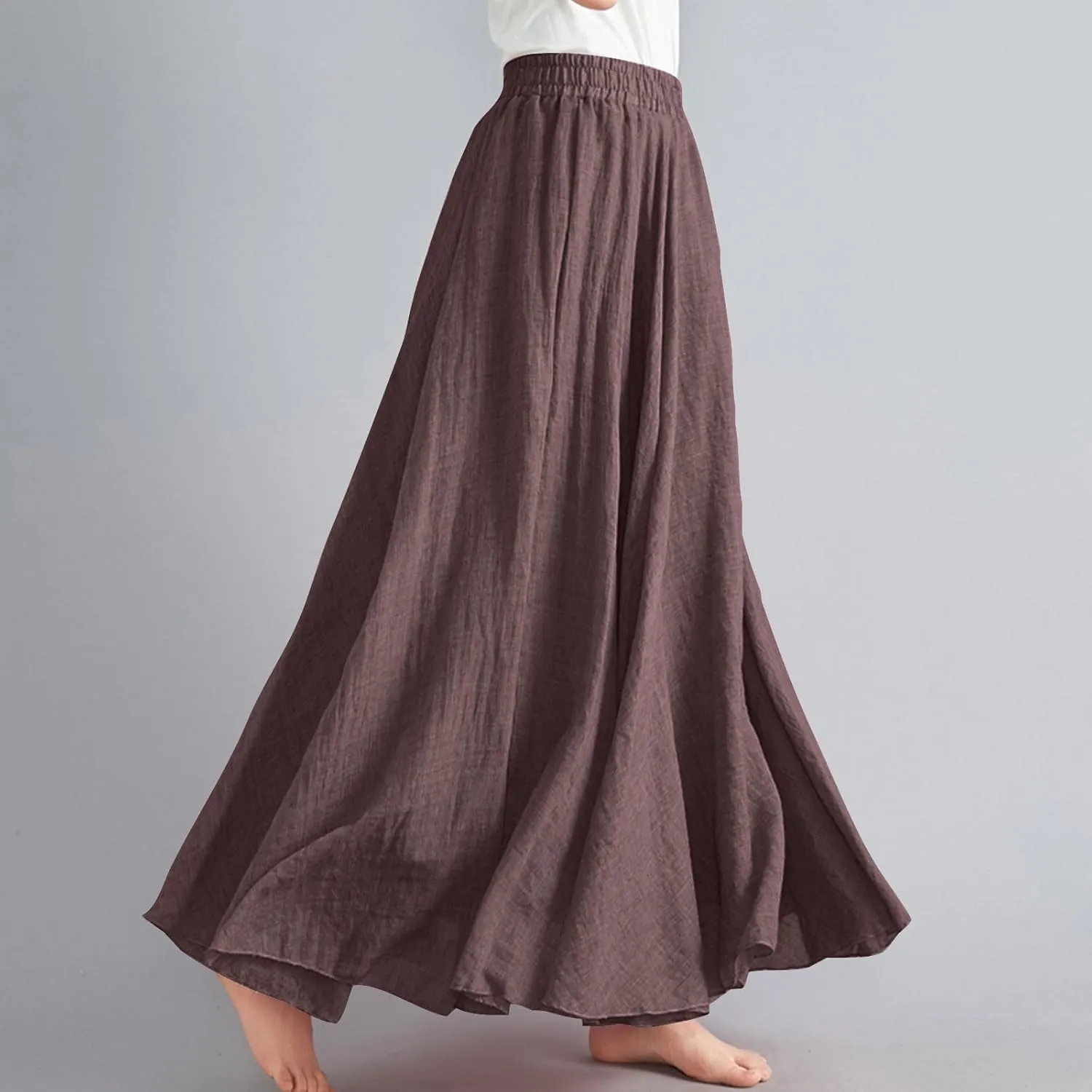 Maxi Skirts for Women 2024 Fashion Solid Ruffle Linen Skirt Summer Stretchy High Waist A-Line Skirt Casual Long Skirt