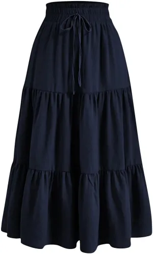 Maxi Skirts for Women 2025 Summer Fashion Flowy Pleated Long Skirt Casual Boho High Waisted Drawstring A Line Skirts