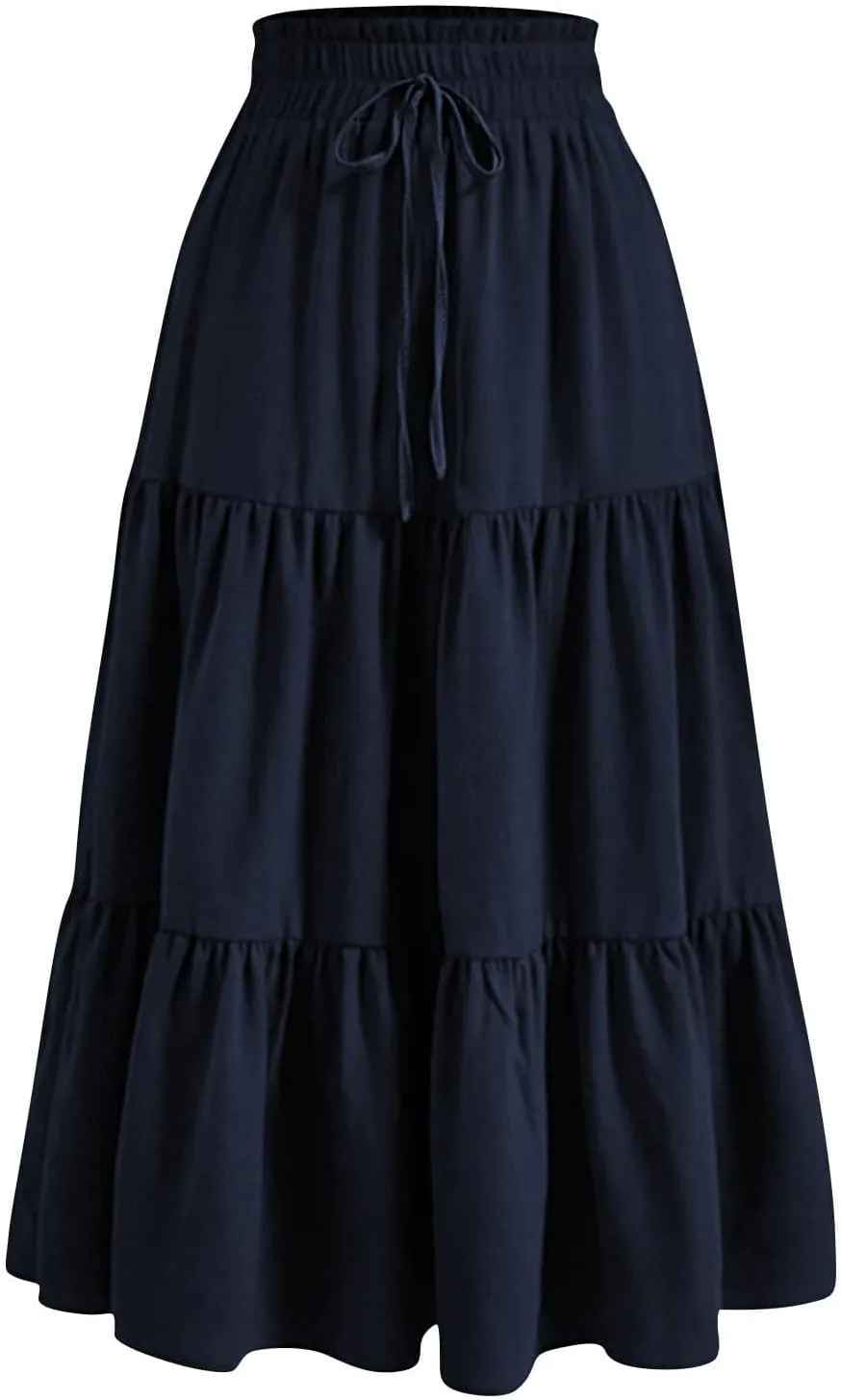 Maxi Skirts for Women 2025 Summer Fashion Flowy Pleated Long Skirt Casual Boho High Waisted Drawstring A Line Skirts