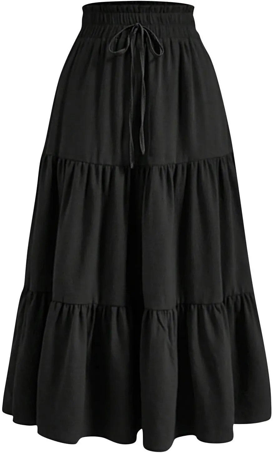 Maxi Skirts for Women 2025 Summer Fashion Flowy Pleated Long Skirt Casual Boho High Waisted Drawstring A Line Skirts