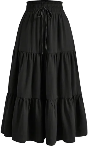 Maxi Skirts for Women 2025 Summer Fashion Flowy Pleated Long Skirt Casual Boho High Waisted Drawstring A Line Skirts