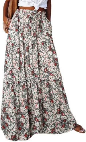 Maxi Skirts for Women Boho Floral Tiered Skirt with Pocket 2025 Summer Elastic Waist Vacation A-Line Long Skirts