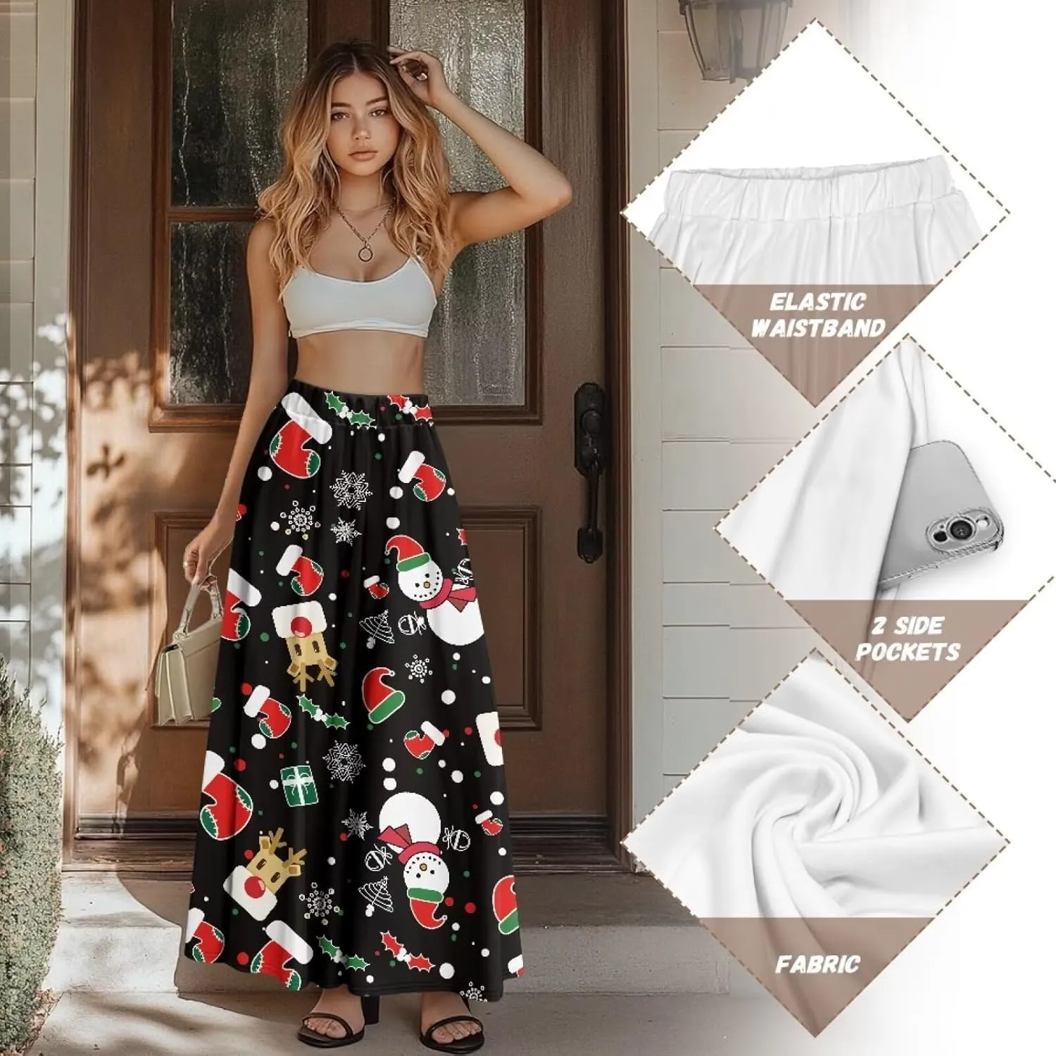 Maxi Skirts for Women Fall Trendy Casual Elastic High Waist Long Skirts A Line Skirts with Pockets Large Size