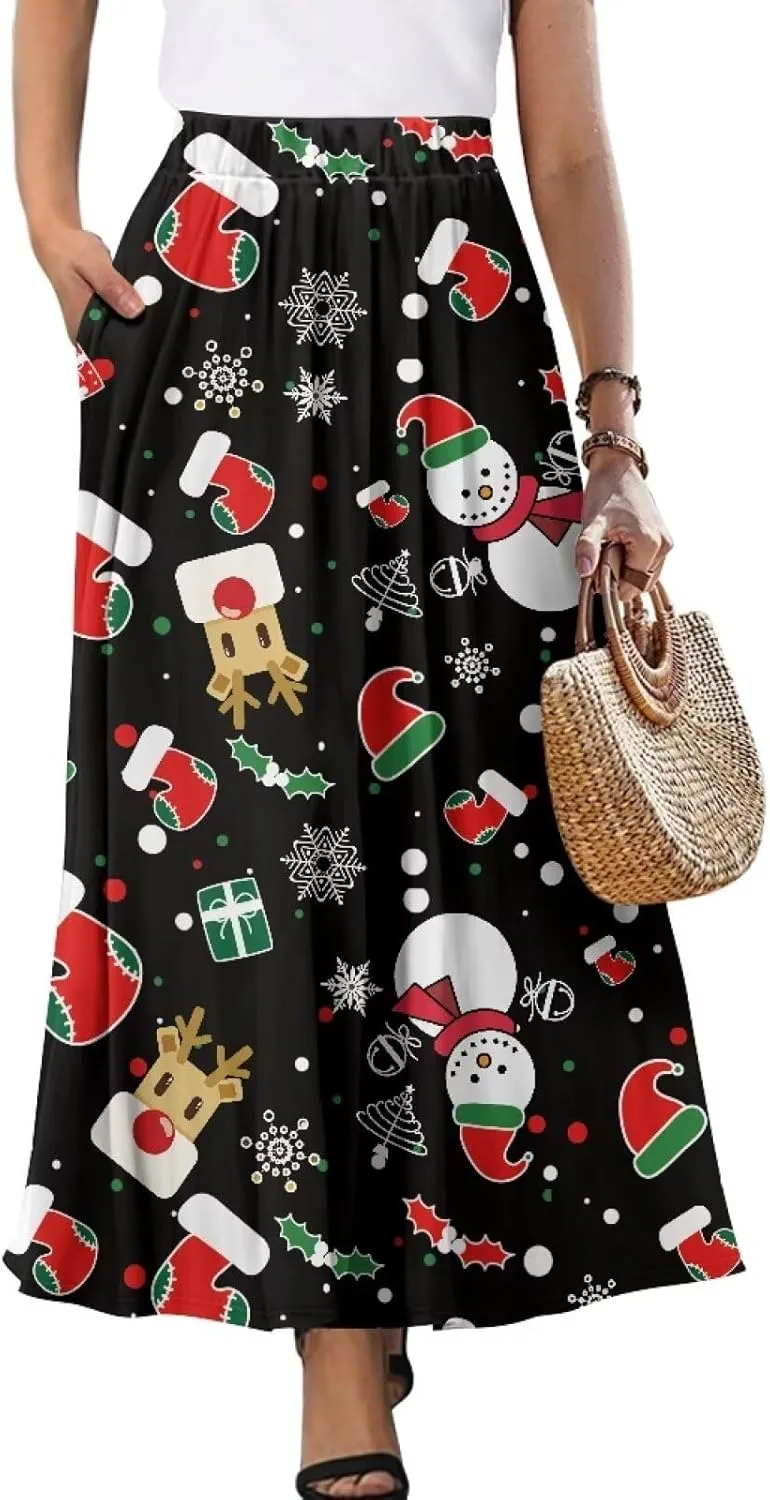 Maxi Skirts for Women Fall Trendy Casual Elastic High Waist Long Skirts A Line Skirts with Pockets Large Size