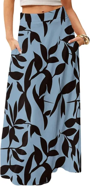 Maxi Skirts for Women Summer Boho Beach Elastic High Waist Pleated A-Line Flowy Swing Long Skirts