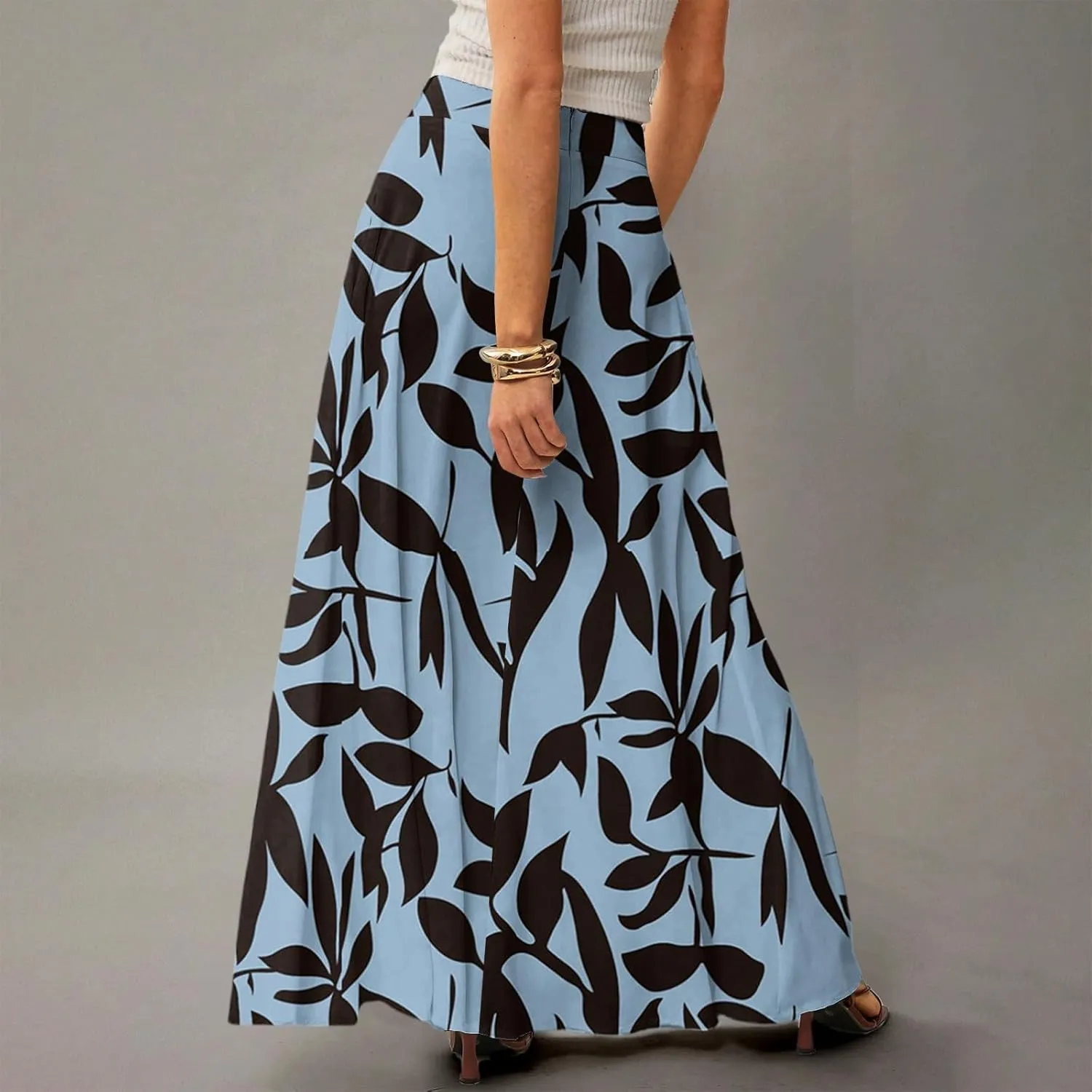 Maxi Skirts for Women Summer Boho Beach Elastic High Waist Pleated A-Line Flowy Swing Long Skirts