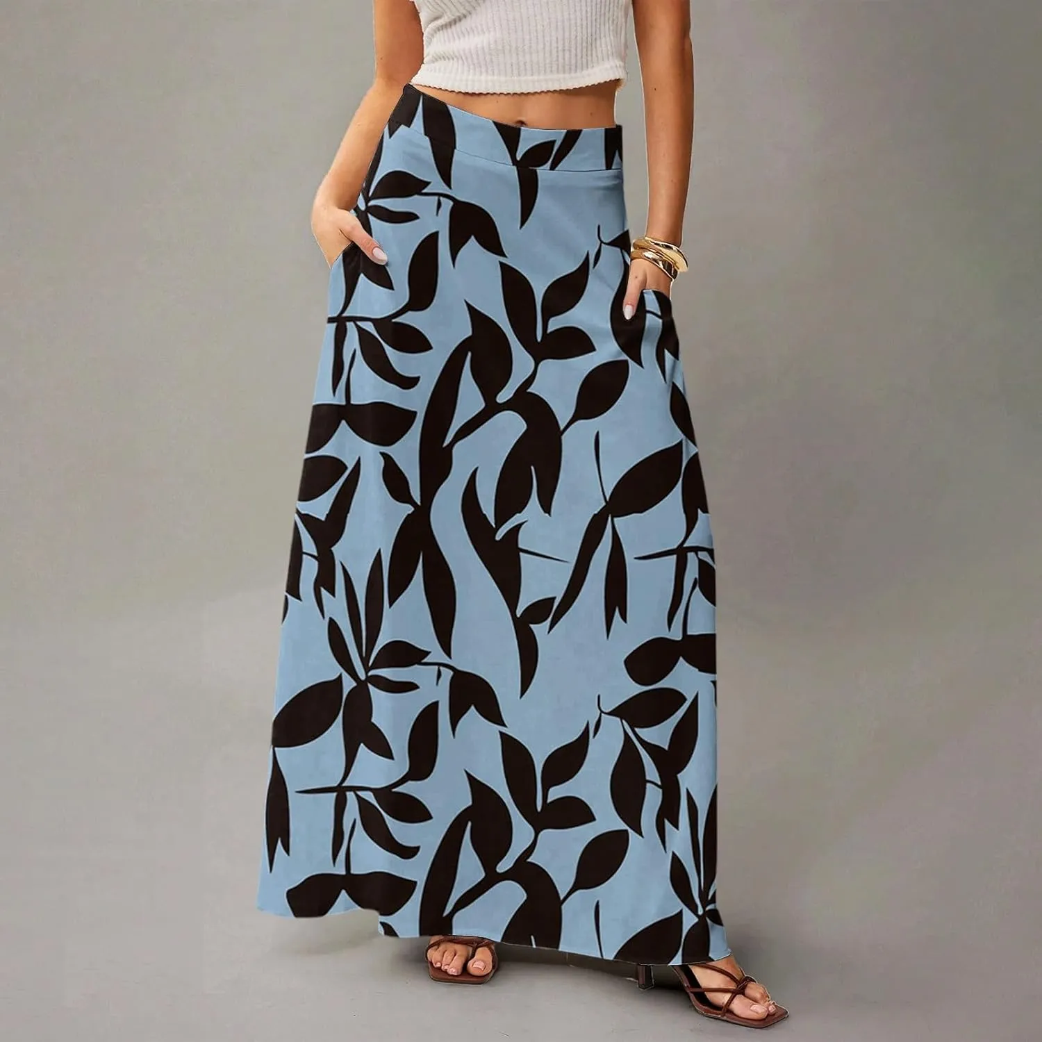 Maxi Skirts for Women Summer Boho Beach Elastic High Waist Pleated A-Line Flowy Swing Long Skirts