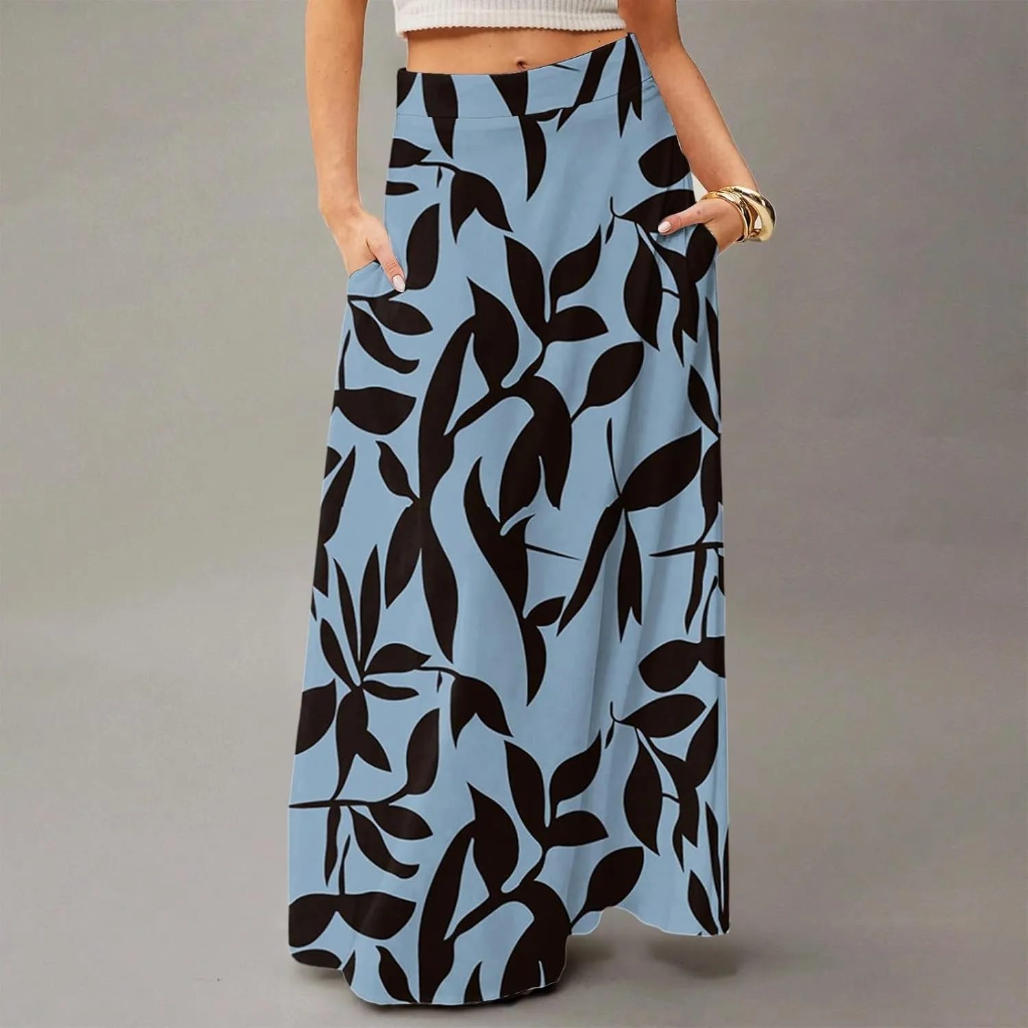 Maxi Skirts for Women Summer Boho Beach Elastic High Waist Pleated A-Line Flowy Swing Long Skirts