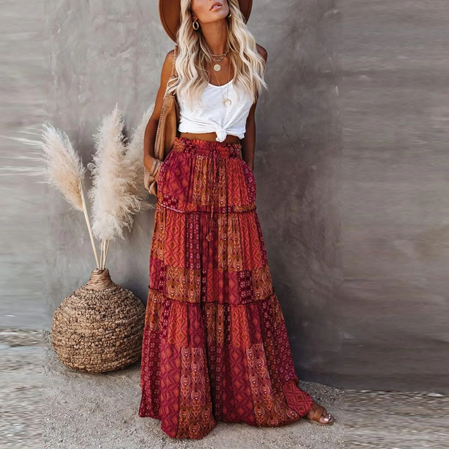 Maxi Skirts for Women,Elastic High Waisted Drawstring Ruffle Hem Bohemian Flowy Skirts Trendy 2025 Summer Vacation