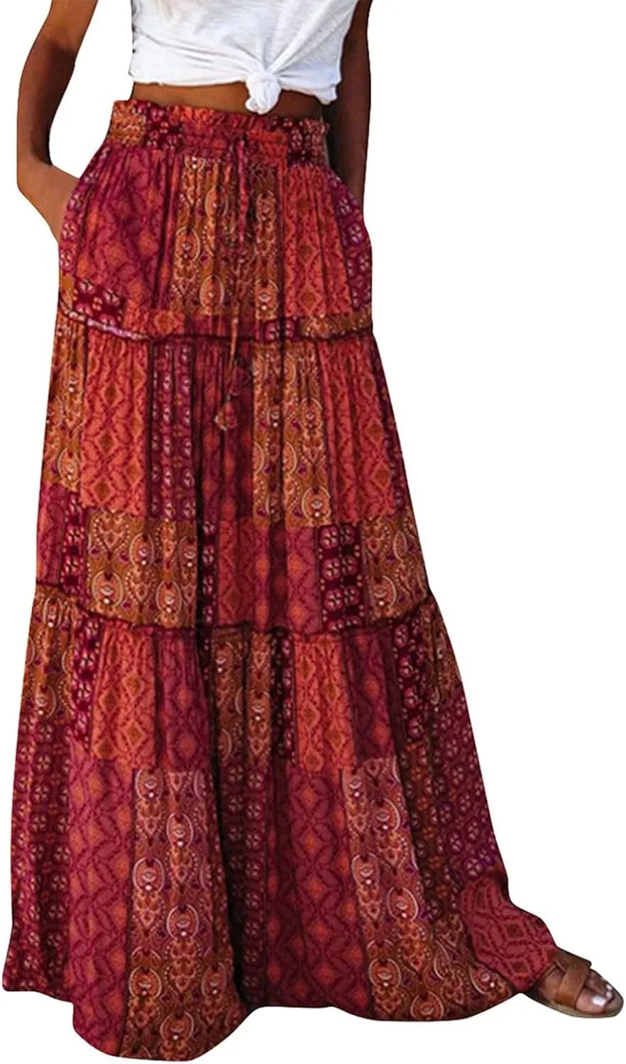 Maxi Skirts for Women,Elastic High Waisted Drawstring Ruffle Hem Bohemian Flowy Skirts Trendy 2025 Summer Vacation