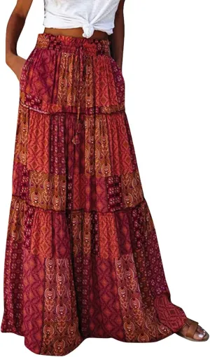 Maxi Skirts for Women,Elastic High Waisted Drawstring Ruffle Hem Bohemian Flowy Skirts Trendy 2025 Summer Vacation