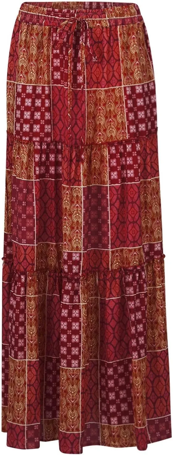 Maxi Skirts for Women,Elastic High Waisted Drawstring Ruffle Hem Bohemian Flowy Skirts Trendy 2025 Summer Vacation