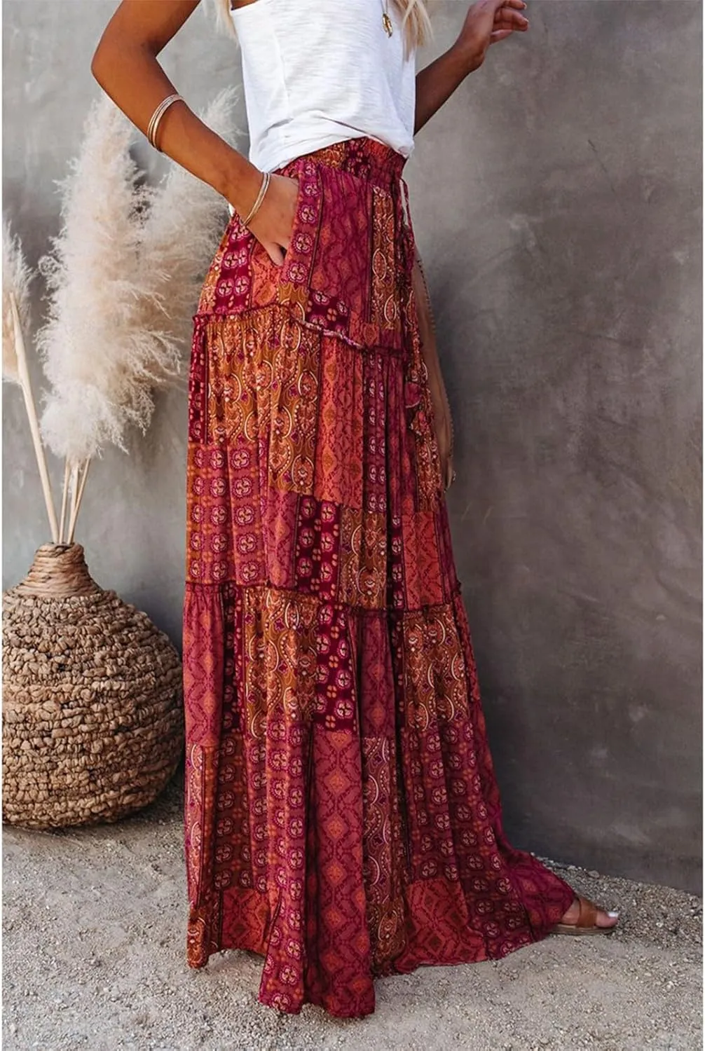 Maxi Skirts for Women,Elastic High Waisted Drawstring Ruffle Hem Bohemian Flowy Skirts Trendy 2025 Summer Vacation