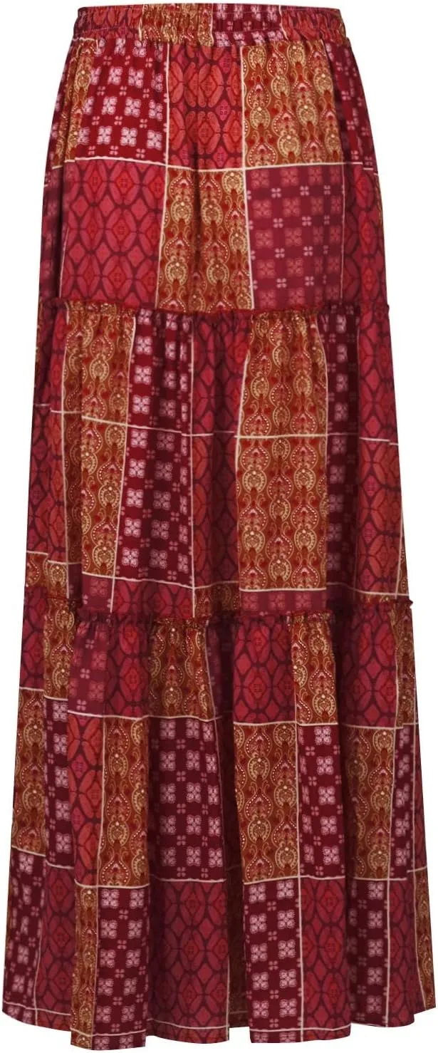 Maxi Skirts for Women,Elastic High Waisted Drawstring Ruffle Hem Bohemian Flowy Skirts Trendy 2025 Summer Vacation
