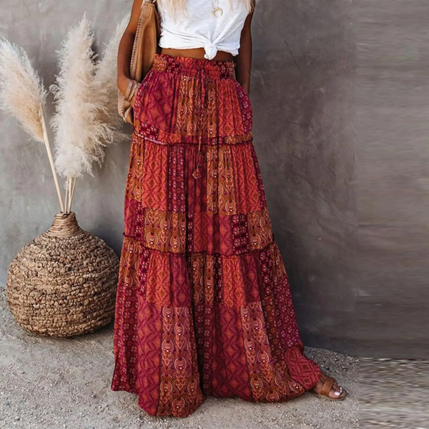 Maxi Skirts for Women,Elastic High Waisted Drawstring Ruffle Hem Bohemian Flowy Skirts Trendy 2025 Summer Vacation